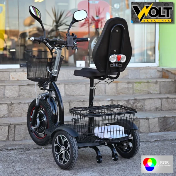 Електрическа триколка volt electric a3 traffic pro rgb 750w, дисплей, крачна спирачка, 2 кошници, led светлини, черен лак