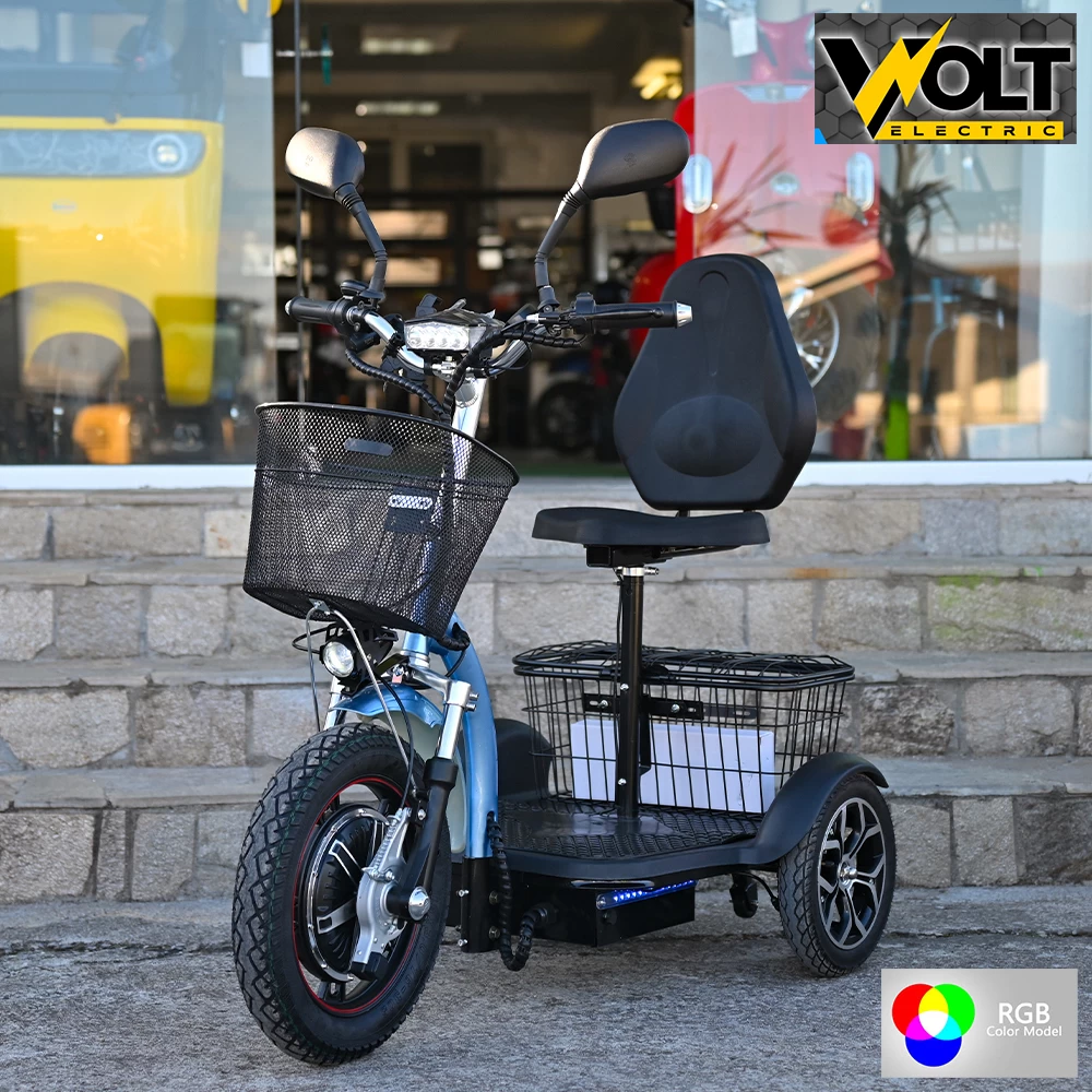 Електрическа триколка volt electric a3 traffic pro rgb 750w, дисплей, крачна спирачка, 2 кошници, led светлини, светлoсин металик