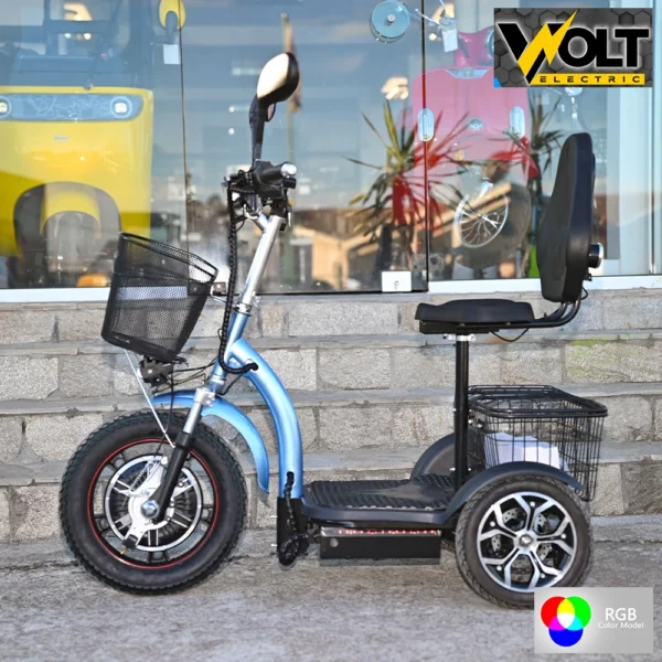 Електрическа триколка volt electric a3 traffic pro rgb 750w, дисплей, крачна спирачка, 2 кошници, led светлини, светлoсин металик