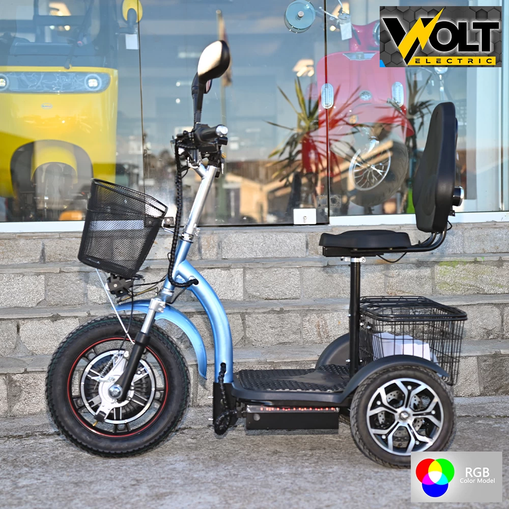 Електрическа триколка volt electric a3 traffic pro rgb 750w, дисплей, крачна спирачка, 2 кошници, led светлини, светлoсин металик