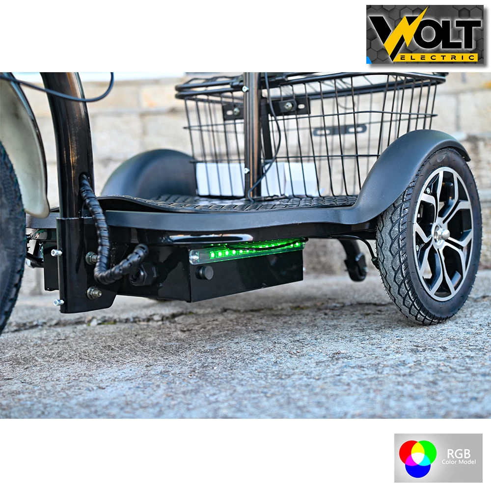 Електрическа триколка volt electric a3 traffic pro rgb 750w, дисплей, крачна спирачка, 2 кошници, led светлини, зелен лак