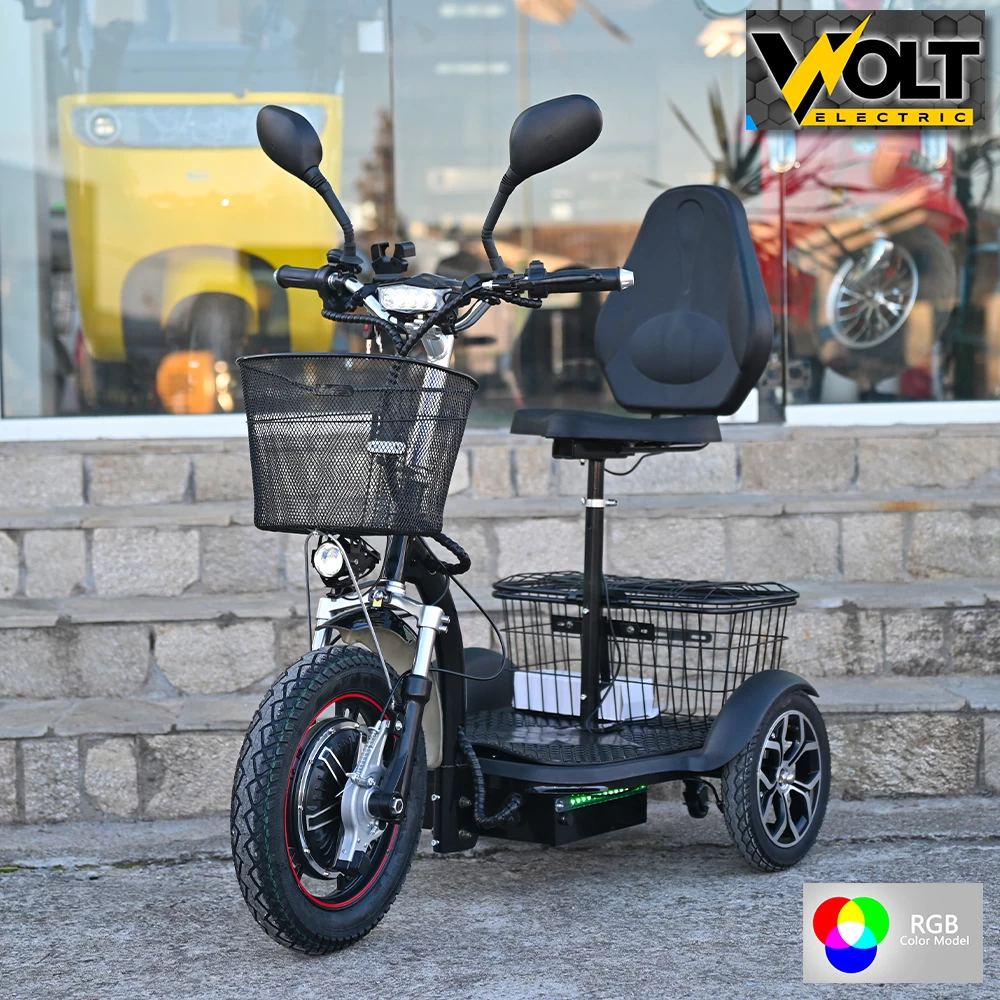 Електрическа триколка volt electric a3 traffic pro rgb 750w, дисплей, крачна спирачка, 2 кошници, led светлини, черен лак