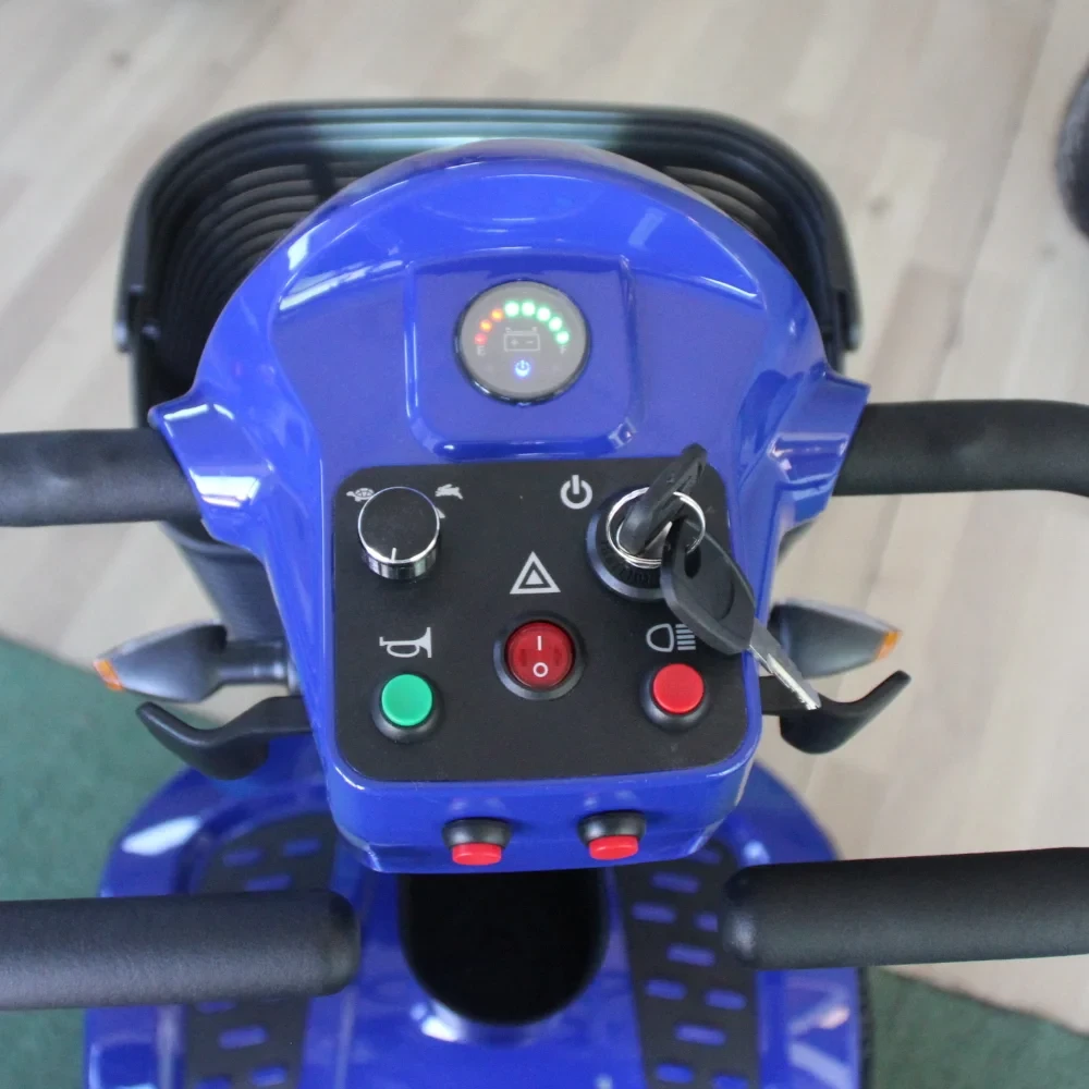 Инвалидна електрическа четириколка maxmotors 350w, 24v, 20ah, със сваляема батерия и maxi гуми, син металик