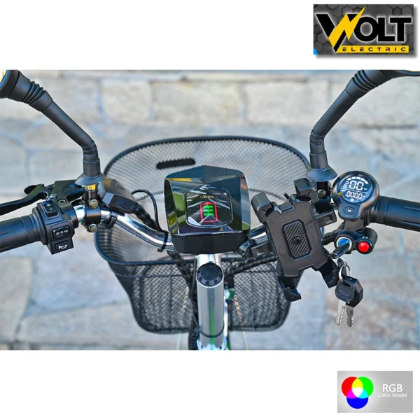 Електрическа триколка volt electric a3 traffic pro rgb 750w, дисплей, крачна спирачка, 2 кошници, led светлини, зелен лак