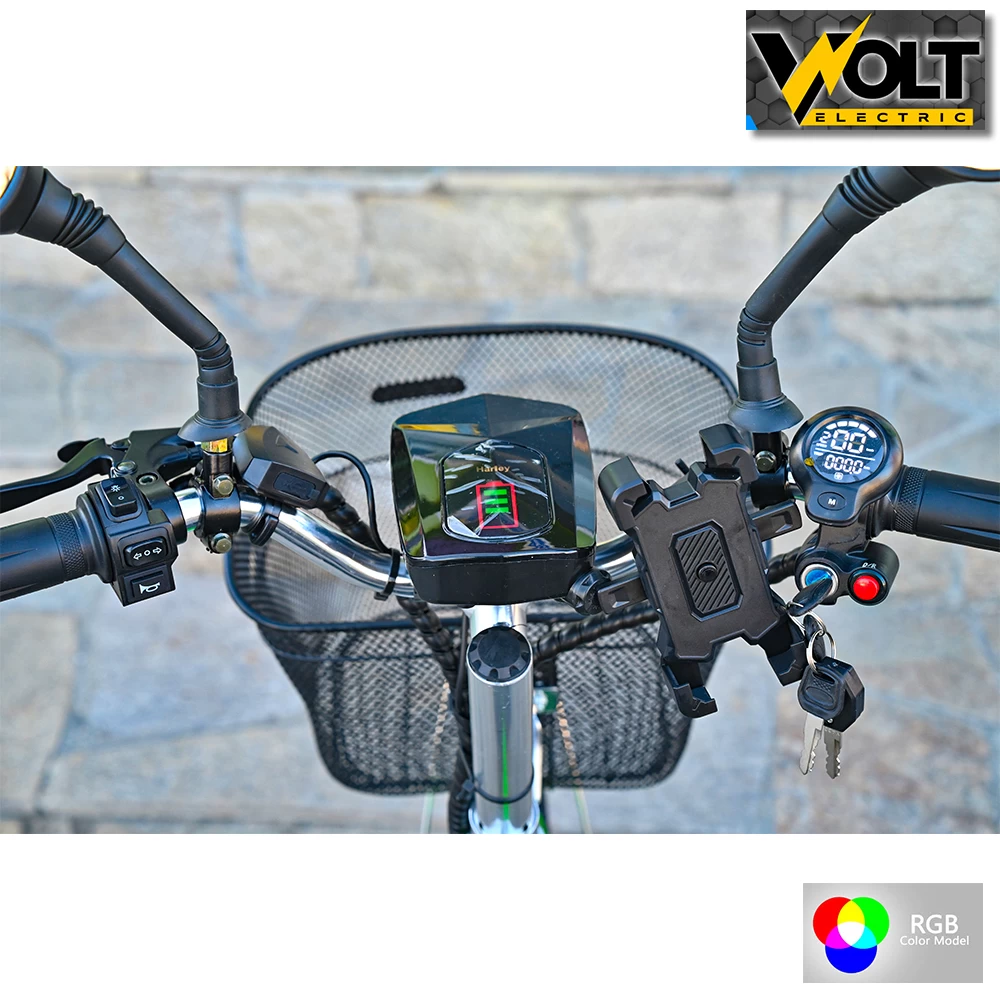 Електрическа триколка volt electric a3 traffic pro rgb 750w, дисплей, крачна спирачка, 2 кошници, led светлини, зелен лак