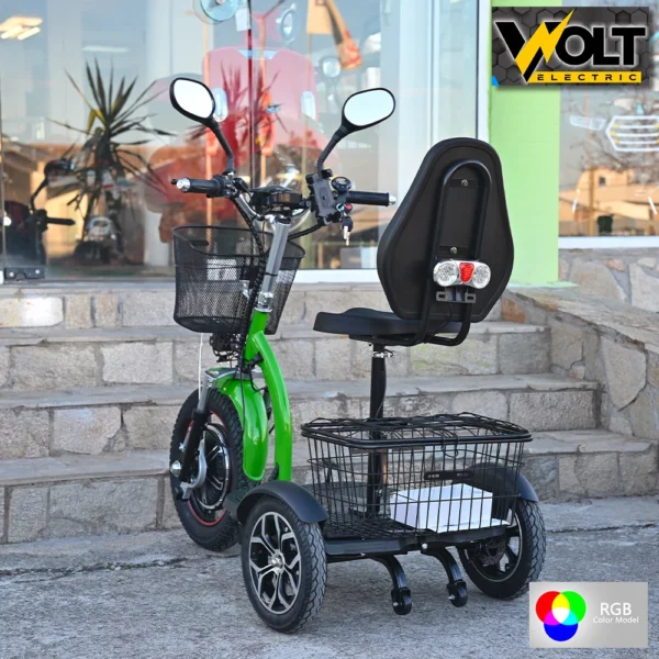 Електрическа триколка volt electric a3 traffic pro rgb 750w, дисплей, крачна спирачка, 2 кошници, led светлини, зелен лак