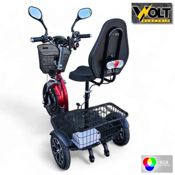 Електрическа триколка volt electric a3 traffic pro rgb 750w, дисплей, крачна спирачка, 2 кошници, led светлини, червен металик
