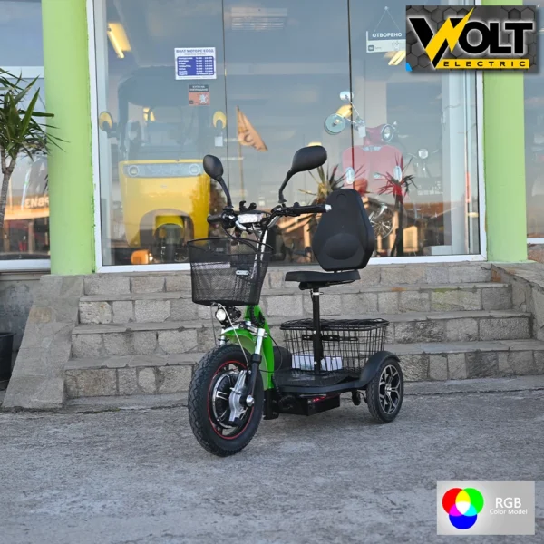 Електрическа триколка volt electric a3 traffic pro rgb 750w, дисплей, крачна спирачка, 2 кошници, led светлини, зелен лак