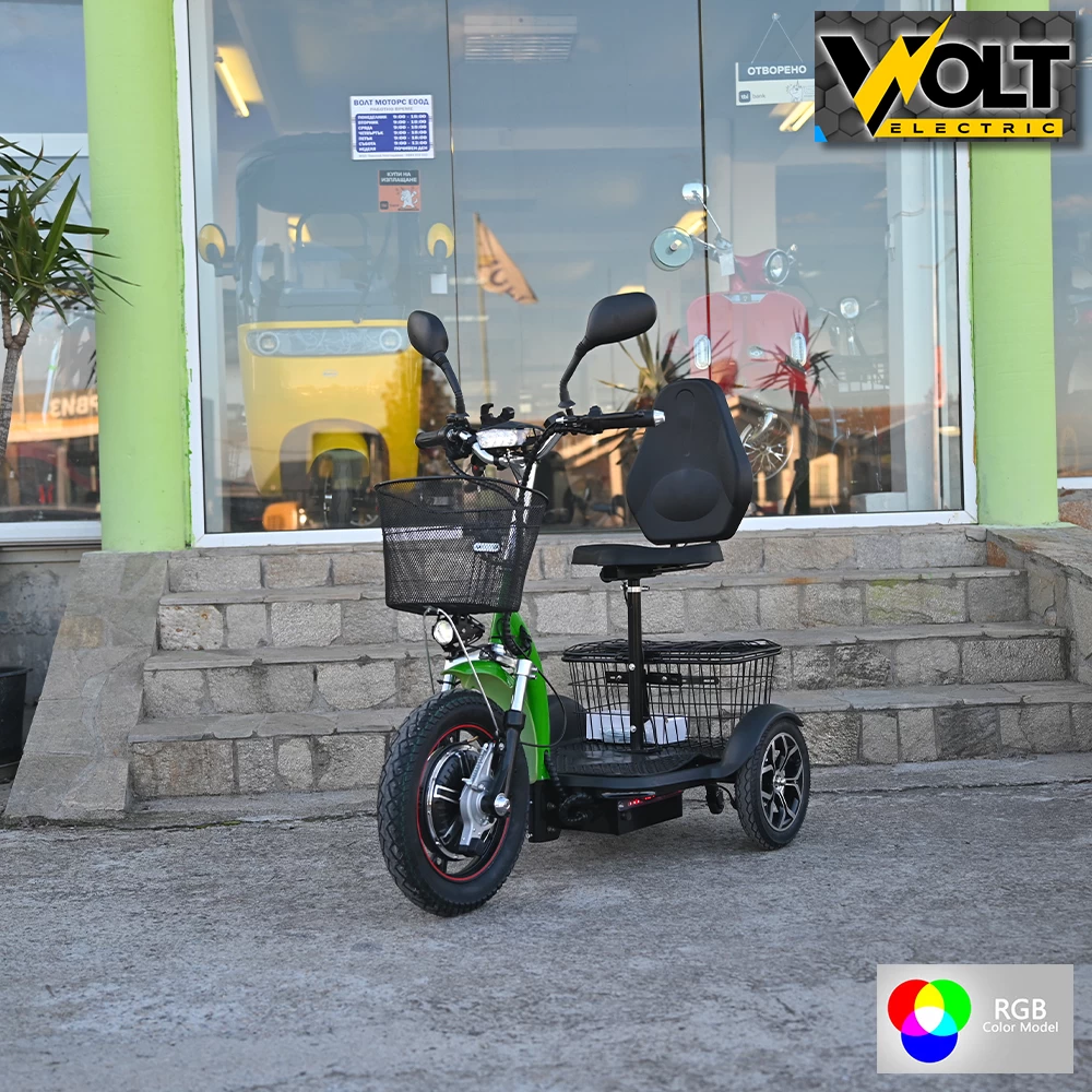 Електрическа триколка volt electric a3 traffic pro rgb 750w, дисплей, крачна спирачка, 2 кошници, led светлини, зелен лак