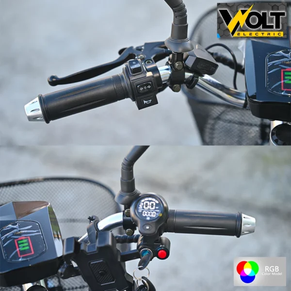 Електрическа триколка volt electric a3 traffic pro rgb 750w, дисплей, крачна спирачка, 2 кошници, led светлини, тъмносин лак