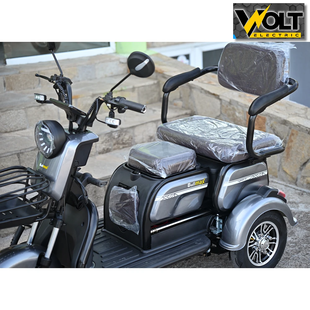 Електрическа триколка bullmax c2 с 5 батерии, 3 места, крачна спирачка, led дисплей, 1500w/60v/20ah, сив металик