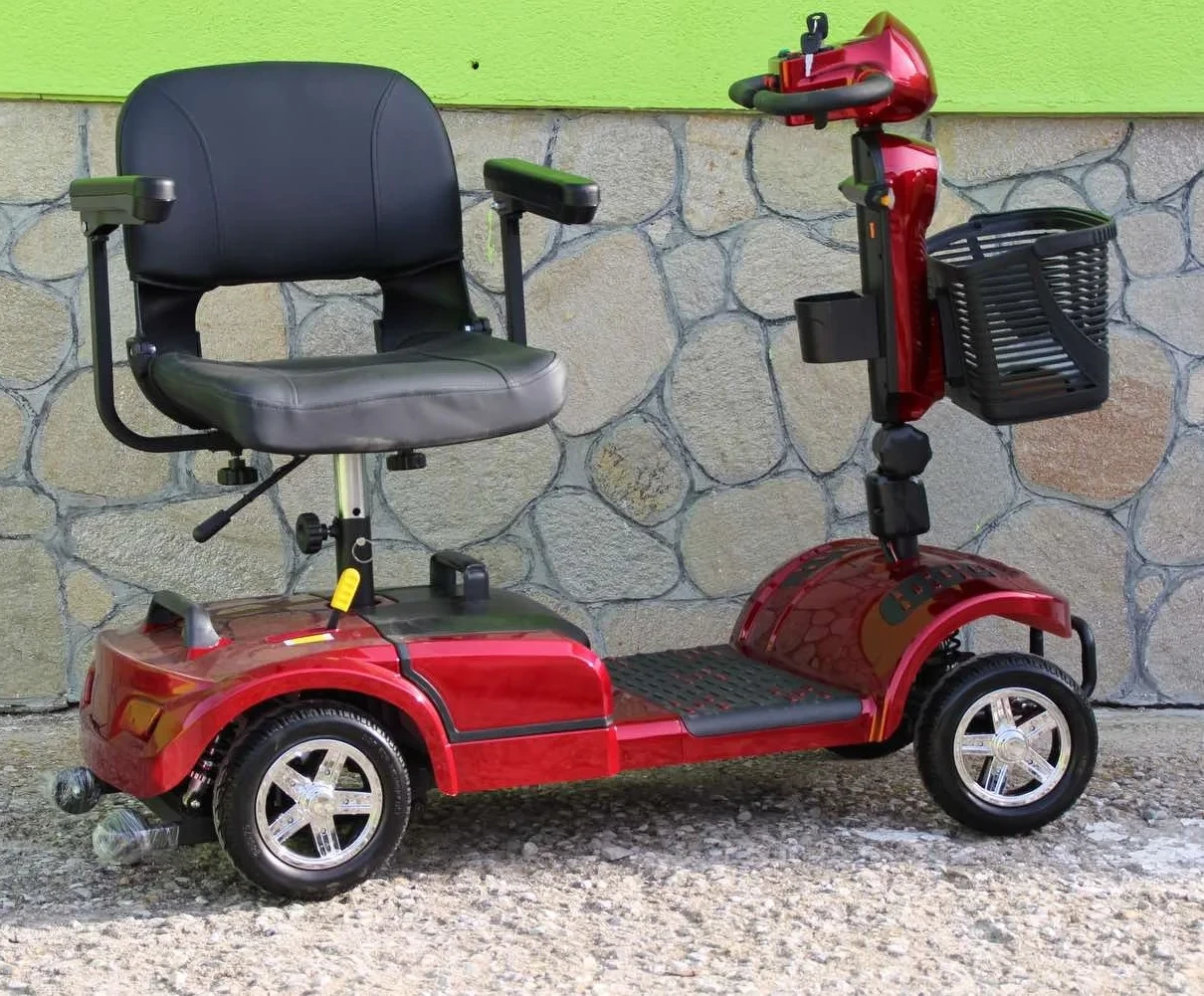 Инвалидна електрическа четириколка maxmotors 350w със сваляема батерия и maxi гуми, червена