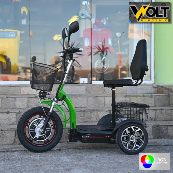 Електрическа триколка volt electric a3 traffic pro rgb 750w, дисплей, крачна спирачка, 2 кошници, led светлини, зелен лак