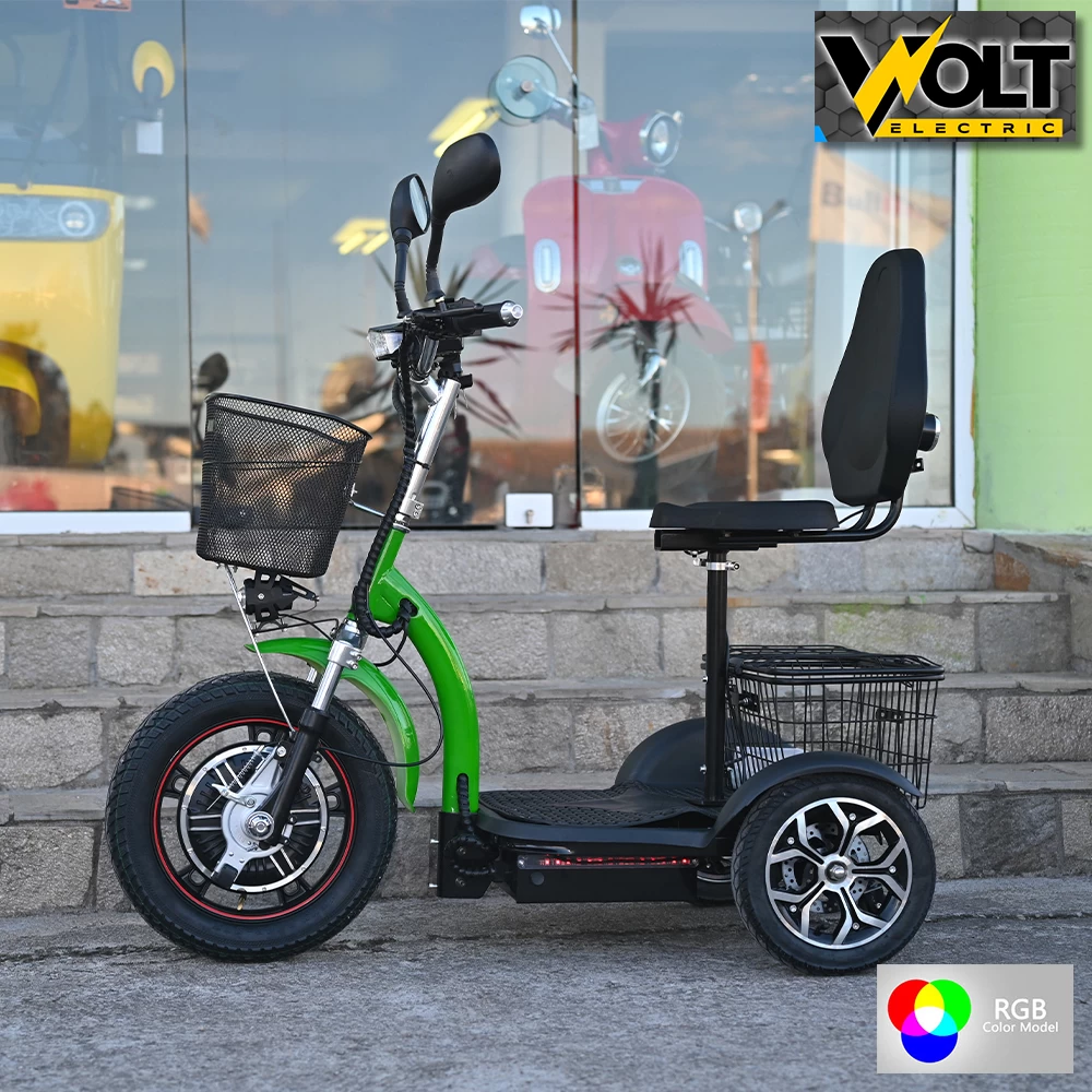 Електрическа триколка volt electric a3 traffic pro rgb 750w, дисплей, крачна спирачка, 2 кошници, led светлини, зелен лак