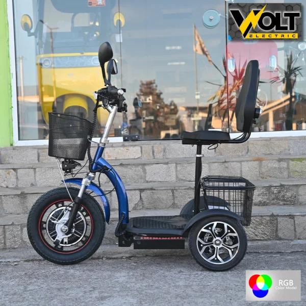 Електрическа триколка volt electric a3 traffic pro rgb 750w, дисплей, крачна спирачка, 2 кошници, led светлини, тъмносин лак