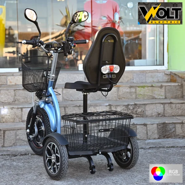 Електрическа триколка volt electric a3 traffic pro rgb 750w, дисплей, крачна спирачка, 2 кошници, led светлини, светлoсин металик