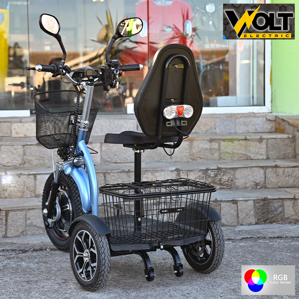 Електрическа триколка volt electric a3 traffic pro rgb 750w, дисплей, крачна спирачка, 2 кошници, led светлини, светлoсин металик