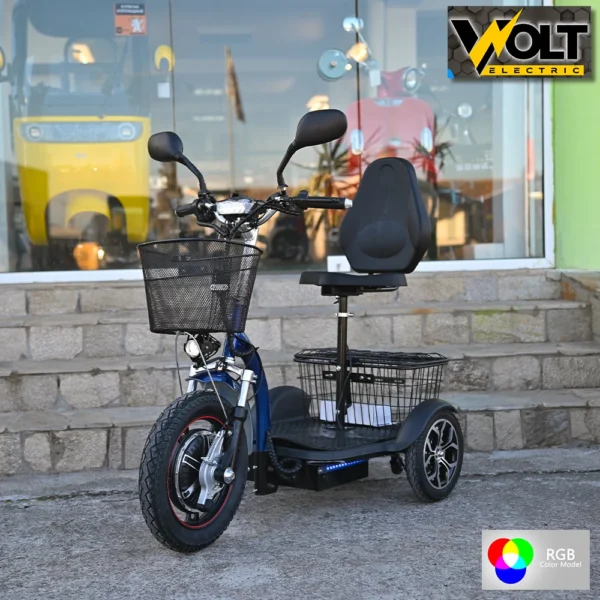 Електрическа триколка volt electric a3 traffic pro rgb 750w, дисплей, крачна спирачка, 2 кошници, led светлини, тъмносин лак