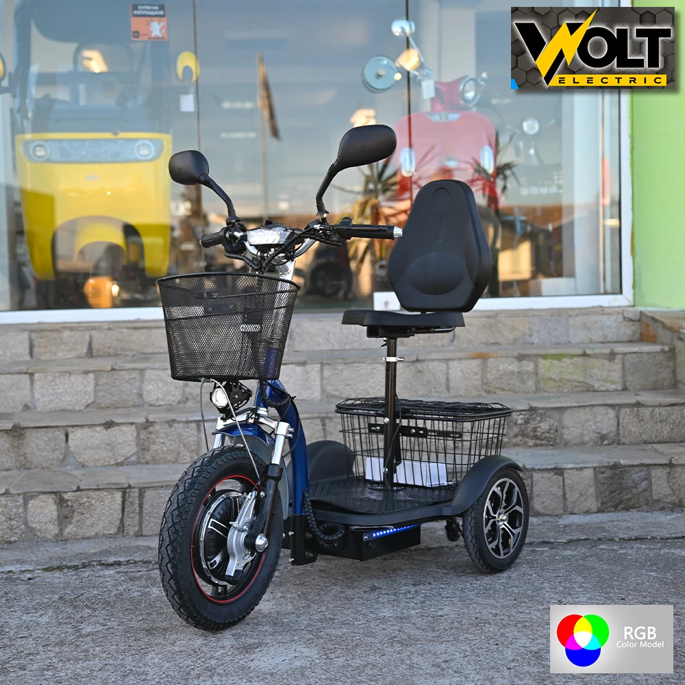 Електрическа триколка volt electric a3 traffic pro rgb 750w, дисплей, крачна спирачка, 2 кошници, led светлини, тъмносин лак