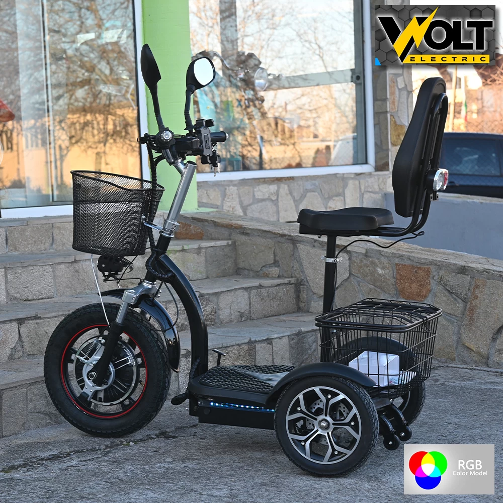 Електрическа триколка volt electric a3 traffic pro rgb 750w, дисплей, крачна спирачка, 2 кошници, led светлини, черен лак