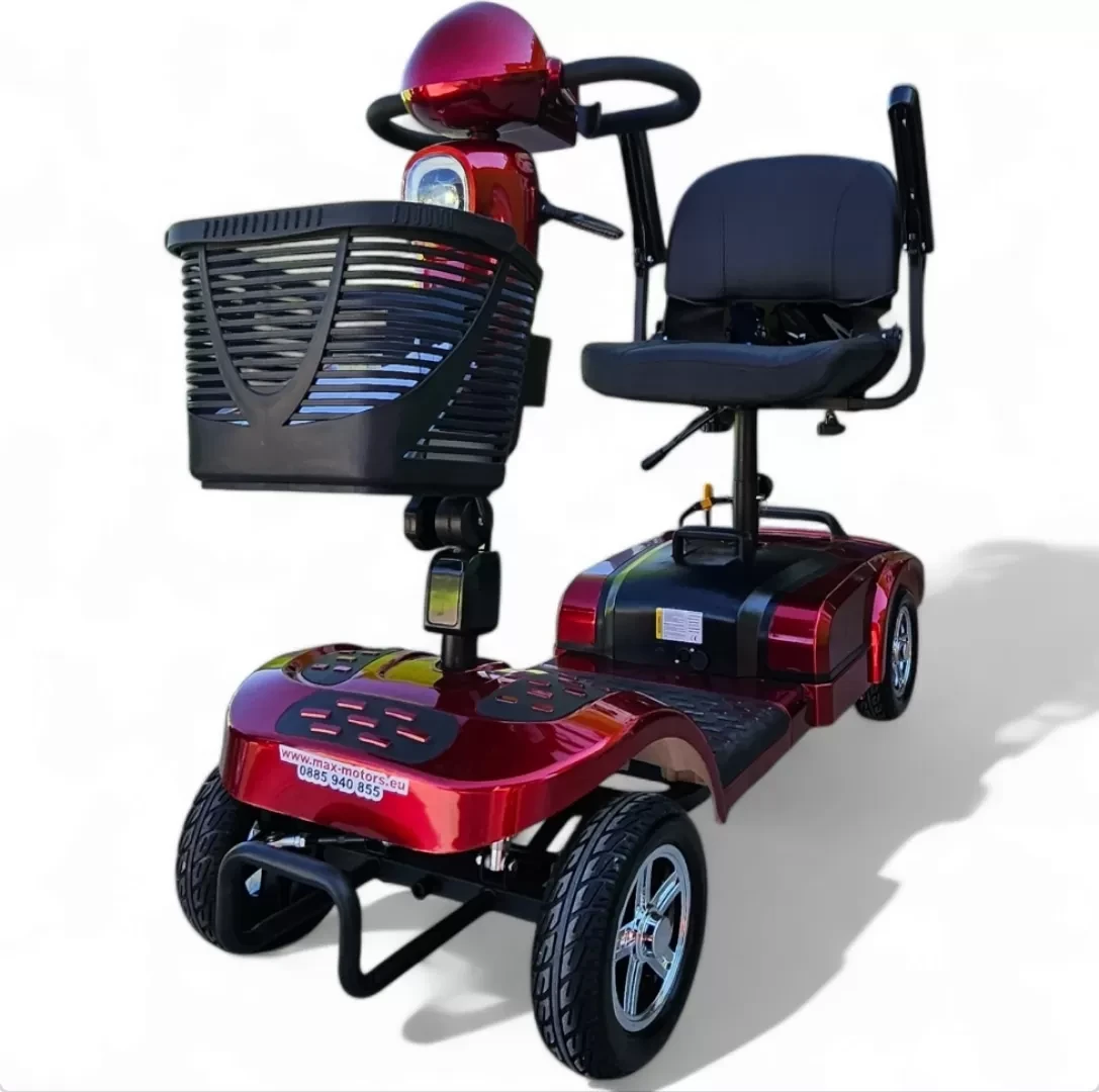 Инвалидна електрическа четириколка maxmotors 350w със сваляема батерия и maxi гуми, червена