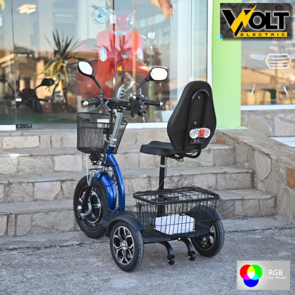 Електрическа триколка volt electric a3 traffic pro rgb 750w, дисплей, крачна спирачка, 2 кошници, led светлини, тъмносин лак