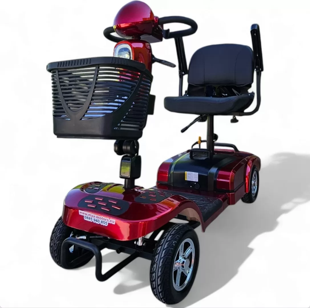 Инвалидна електрическа четириколка с дълга база max Мotors, 24v, 20ah, със сваляема батерия и maxi гуми, червен металик